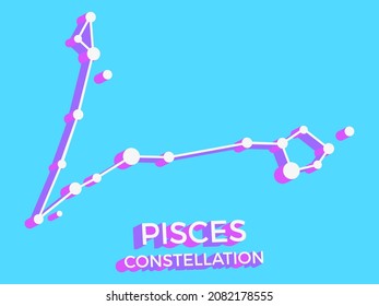 Pisces constellation 3d symbol. Constellation icon in isometric style on blue background. Cluster of stars and galaxies. Vector illustration