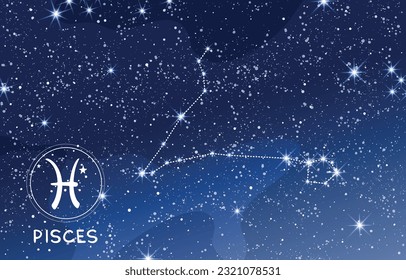 Pisces constellation in the blue night sky, zodiac sign map, modern horoscope astrology banner, astronomical sky map, mystical vector illustration on blue background.