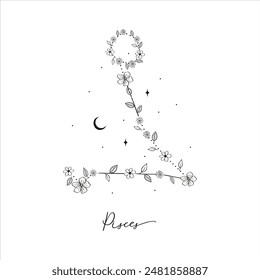 Pisces constellation with Hand drawn doodle flowers, leaves, florals and stars. Vector art, graphic illustration clipart. This illustration is a beautiful and creative representation of the Pisces