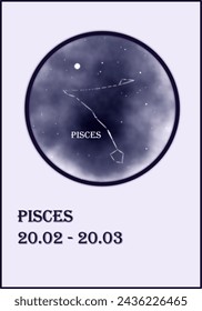 Pisces constellation icon. pisces zodiac sign in the night sky, space with stars. a starry night inside the circle. The design of the cosmos, the galaxy. for horoscope signs, cards, posters. vector