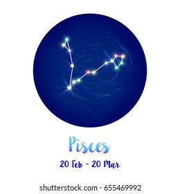 Pisces constellation icon of zodiac sign Pisces in cosmic stars space. Blue starry night sky inside circle background. Galaxy space vector design for horoscope icon, cards, posters, fortune telling.