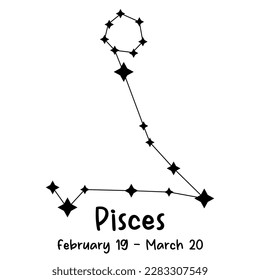 Pisces constellation ilustration. Zodiacal circle. Black hand drawn stars on white background. Starry sky. Horoscope, predictions and prophecies. Abstract Vector illustration.