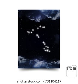Pisces Constellation of snowflakes. Zodiac Sign Pisces constellation lines. The constellation is seen through the clouds and snowfall in the night sky. Vector