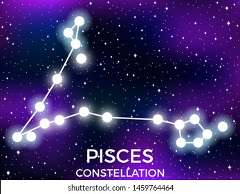 Pisces constellation. Starry night sky. Cluster of stars and galaxies. Deep space. Vector illustration