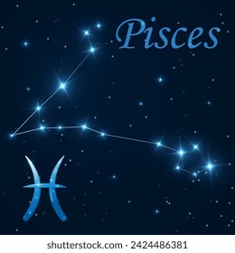 Pisces constellation with stars, zodiac sign on starry sky. Astronomy, astrology, horoscope. Science banner. Cosmos, outer space. Twelfth zodiac sign - the ruler planet Neptune. Vector illustration