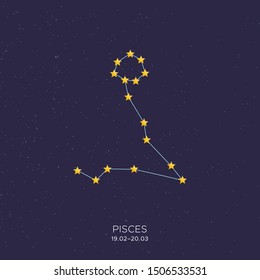 Pisces constellation. Vector flat illustration with starry background. Cosmic stellar sign, celestial element for print and digital design.