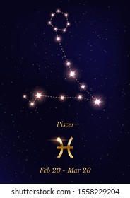 Pisces constellation vector poster template. Zodiac sign banner with text space. Night shining starry sky on dark background. Horoscope symbol poster. Astrological calendar, astronomical chart