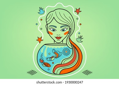 Pisces Constellation, zodiac sign, Fish lover girl with aquarium, tank on a green background. Vector illustration, logo.