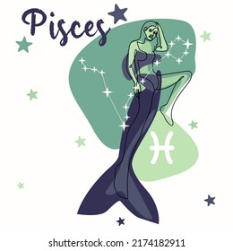 Pisces es una constelación del signo del zodiaco. Una chica de estilo moderno con manchas de colores y líneas de contorno de la silueta de la modelo. Impresión gráfica 