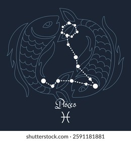 Pisces, constellation and zodiac sign on the background of the cosmic universe. Blue and white design. Illustration