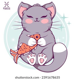 Pisces cute cartoon astrology sign of the zodiac cat. Pet character in kawaii style. Vector illustrations in hand drawn flat style on round background. Funny cat horoscope