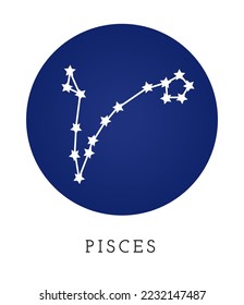 Pisces fish constellation zodiac sign vector illustration. Pisces asterism scheme white stars on dark blue night sky. Eastern calendar horoscope symbol. Celestial cosmos space element vector icon.