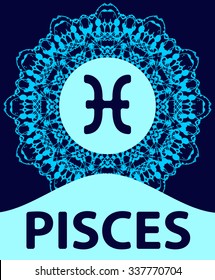 Pisces. The Fish. Zodiac icon with mandala print. Vector illustration.