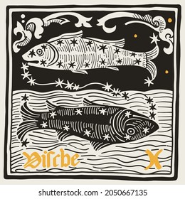 Pisces or Fish Zodiac sign and constellations. Illustration in medieval style with black-letter lettering. Gold and black square emblem perfect for apparel, retro posters, and cards.