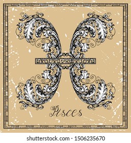 Pisces or Fish Zodiac sign on frame on texture. Collection of astrological symbols in baroque victorian style. Vector hand drawn illustration for Horoscope, Esoteric and Mystic background