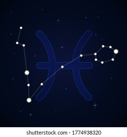 Pisces, the fishes. Constellation and zodiac sign on the starry night sky.