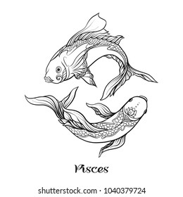 Pisces, fishes, Zodiac sign. Astrological horoscope collection. Outline vector illustration. Outline hand drawing coloring page for the adult coloring book. 