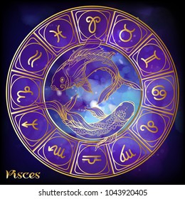 Pisces, fishes Zodiac sign. Astrological horoscope collection. Gold on ultra violet space  background. Vector illustration