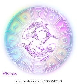 Pisces, fishes Zodiac sign. Astrological horoscope collection. Violet on soft ultra violet space  background. Vector illustration