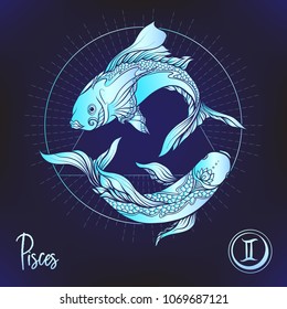 Pisces, fishes, Zodiac sign. Astrological horoscope collection. Multicolor on black dackground. Vector illustration