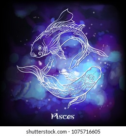 Pisces, fishes, Zodiac sign. Astrological horoscope collection. White on dark  blue and ultra violet space  background. Vector illustration