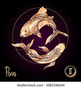 Pisces, fishes, Zodiac sign. Astrological horoscope collection. Rose gold on black dackground. Vector illustration