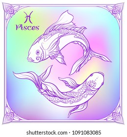 Pisces, fishes, Zodiac sign. Astrological horoscope collection. Violet on soft ultra violet space  background. Vector illustration