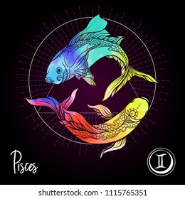 Pisces, fishes, Zodiac sign. Astrological horoscope collection. Multicolor on black dackground. Vector illustration