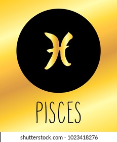 Pisces hand drawn Zodiac sign illustration. Vector graphic astrology symbol design element in black over golden background.