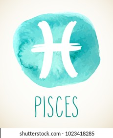 Pisces hand drawn Zodiac sign illustration over aqua blue watercolor circle. Vector graphic astrology symbol design element isolated over white.