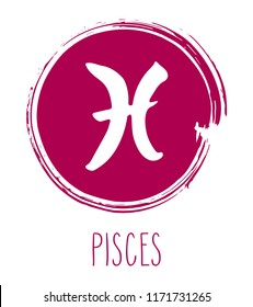 Pisces hand drawn zodiac sign. Astrology design element. Vector graphic illustration in red freeform brush stroke circle isolated over white.