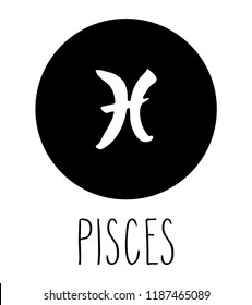 Pisces hand drawn zodiac sign. Astrology design element. Vector graphic illustration in black circle isolated over white.