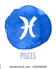 Pisces hand drawn zodiac sign. Astrology design element. Vector graphic illustration in blue watercolor circle isolated over white.