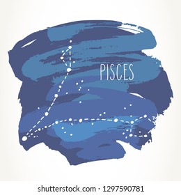 Pisces hand drawn Zodiac sign constellation over blue paint strokes. Vector graphics astrology illustration. Western horoscope mystic symbol isolated over white.