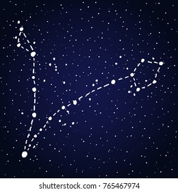 Pisces hand drawn Zodiac sign constellation in white over dark blue starry night sky. Vector graphics astrology illustration. Western horoscope mystic symbol.