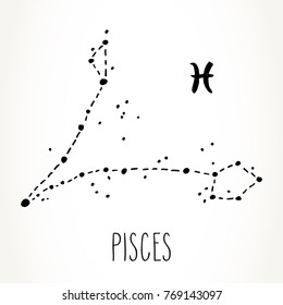 Pisces hand drawn Zodiac sign constellation in black isolated over white background. Vector graphics astrology illustration. Western horoscope mystic symbol.