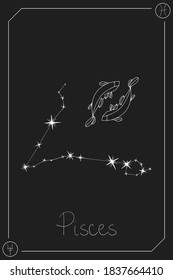 Pisces horoscope card with constelation, zodiac sign and a patronizing planet. Hand drawn vector illustration on dark background. Taro card.