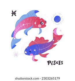 Pisces horoscope character with zodiac sign and handdrawn lettering. Cute vector illustration EPS 10.