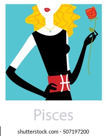 Pisces horoscope sign. Blond woman holding a rose. Vector illustration.