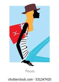 Pisces horoscope sign. Silhouette of a fashion woman wearing hat, blue jeans and a red bag. vector illustration.