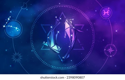 Pisces horoscope sign in twelve zodiac with galaxy stars background, graphic of low poly fish koi with futuristic astrological element