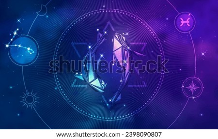Pisces horoscope sign in twelve zodiac with galaxy stars background, graphic of low poly fish koi with futuristic astrological element