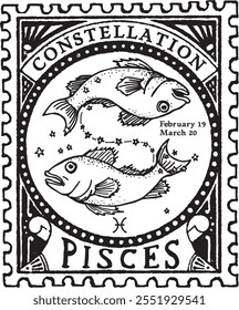 Señal del horóscopo de PISCIS dibujado a mano vectorizado, SELLO POSTAL