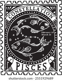 Señal del horóscopo de PISCIS dibujado a mano vectorizado, SELLO POSTAL