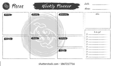  Pisces horoscope weekly planner. Zodiac sign. Planners bundle: daily, weekly, monthly planner, to-do list, goals, notes template. Astrologist organizer paper sheet. Vector illustration.