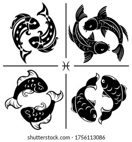 Pisces. Horoscope. Zodiac sign. Set of vector silhouettes in four different styles.