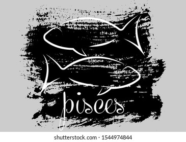 pisces icon of zodiac, Vector icon. astrological signs, grunge image of horoscope. brush stroke style, isolated on grey background  