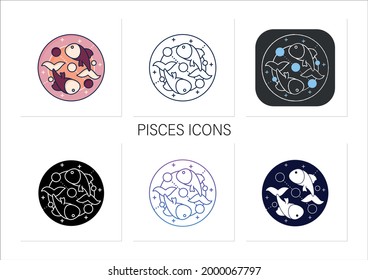 Pisces icons set. Twelfth fire sign in zodiac. Fish birth symbol. Horoscope sign template. Astrological science. Collection of icons in linear, filled, color styles.Isolated vector illustrations 
