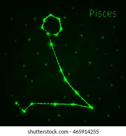 Pisces Illustration Icon, Lights Silhouette on Dark Background. Glowing Lines and Points