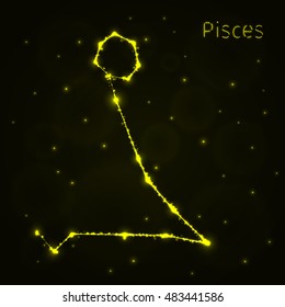 Pisces Illustration Icon, Lights Silhouette on Dark Background. Glowing Lines and Points